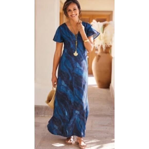 Soft Surroundings Women's Blue Marble Print Flutter Sleeve Viscose Maxi Dress - Picture 1 of 8